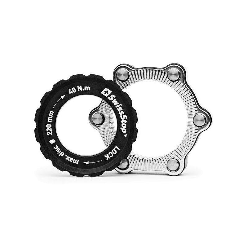 Adaptador SwissStop Freno Disco 6 Agujeros Centerlock Negro/Plata